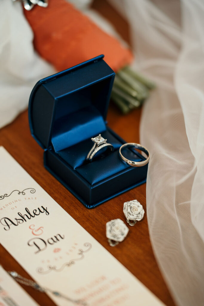 Close-up of wedding rings on invitation card.