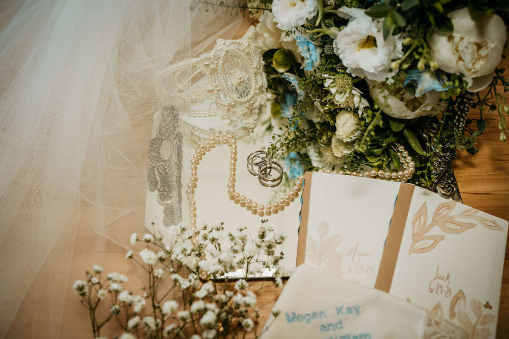 Close-up of wedding rings on invitation card.