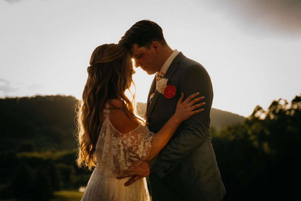 Elegant wedding couple portrait in a scenic venue.