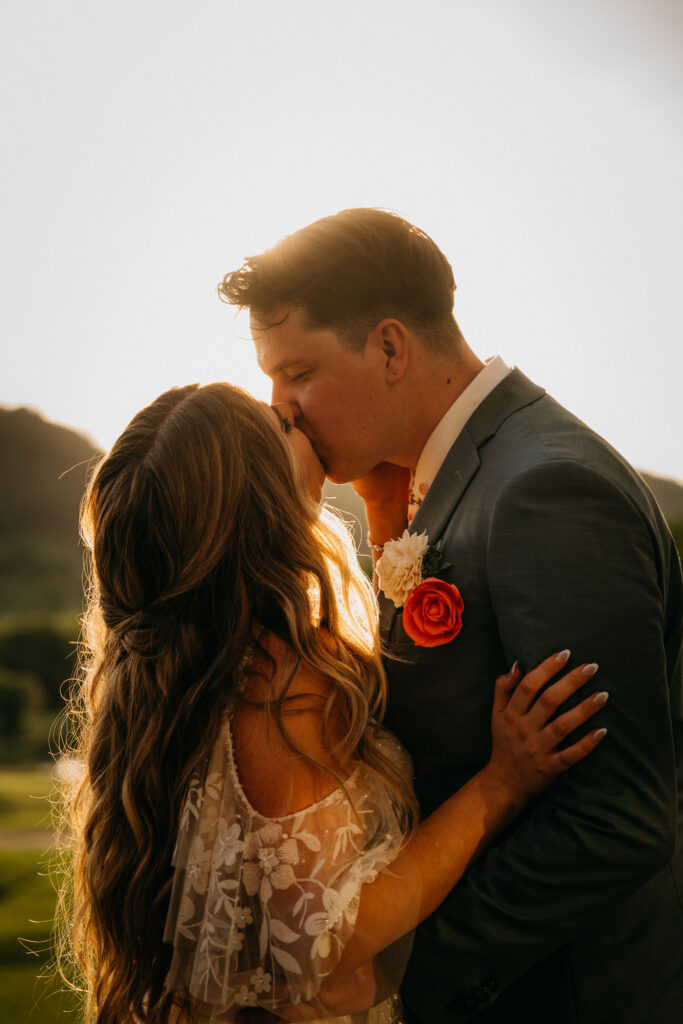 Elegant wedding couple portrait in a scenic venue.