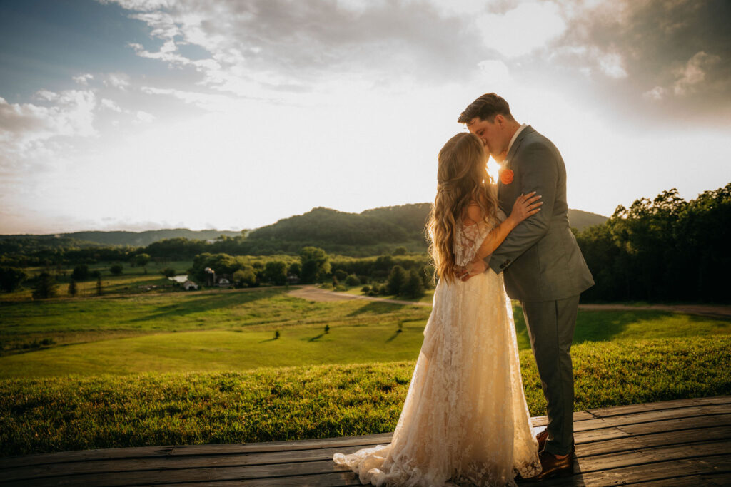 Elegant wedding couple portrait in a scenic venue.